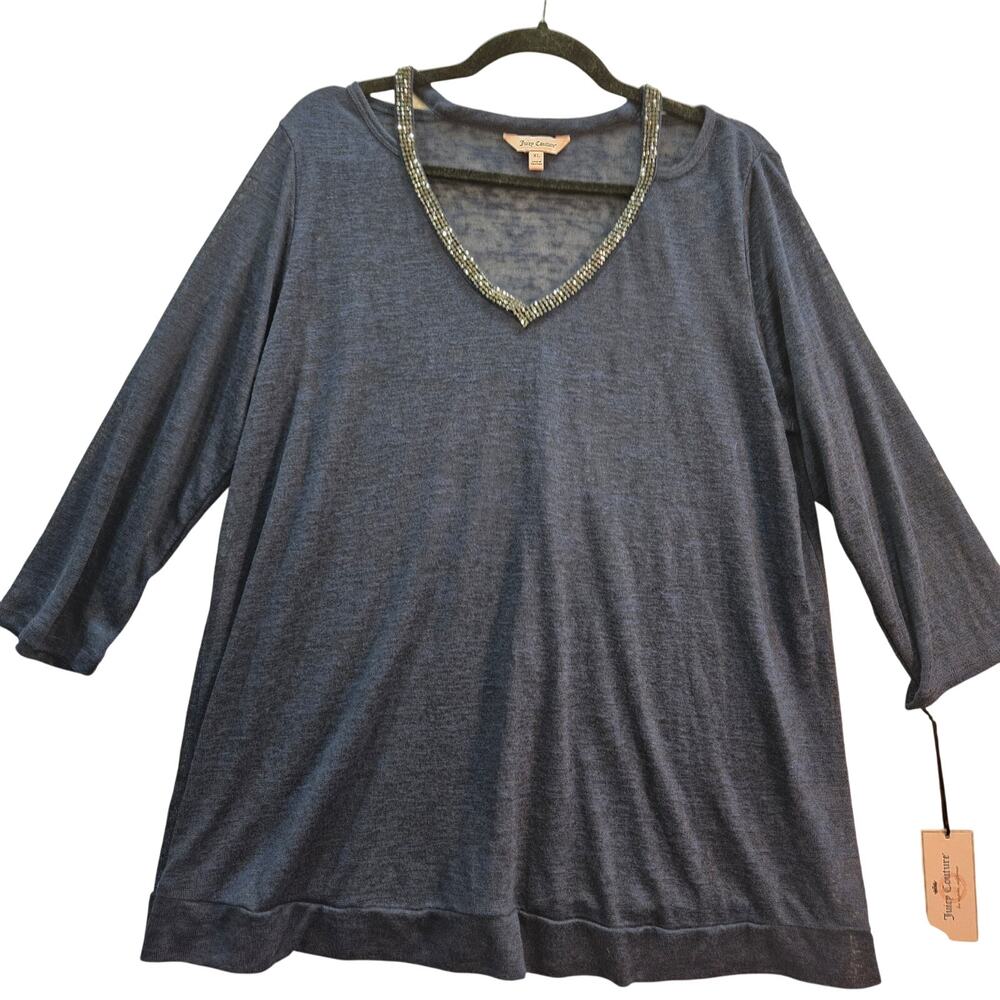 Juicy Couture Loose Fit Dressy Women's Navy Top Silver Embellishment Size XL NWT